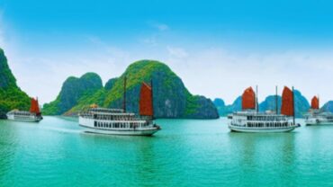 Hạ Long Bay panorama with limestone islands.