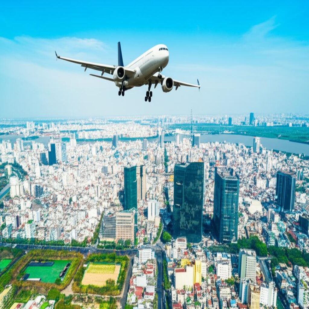 Ho Chi Minh City aerial view with airplane