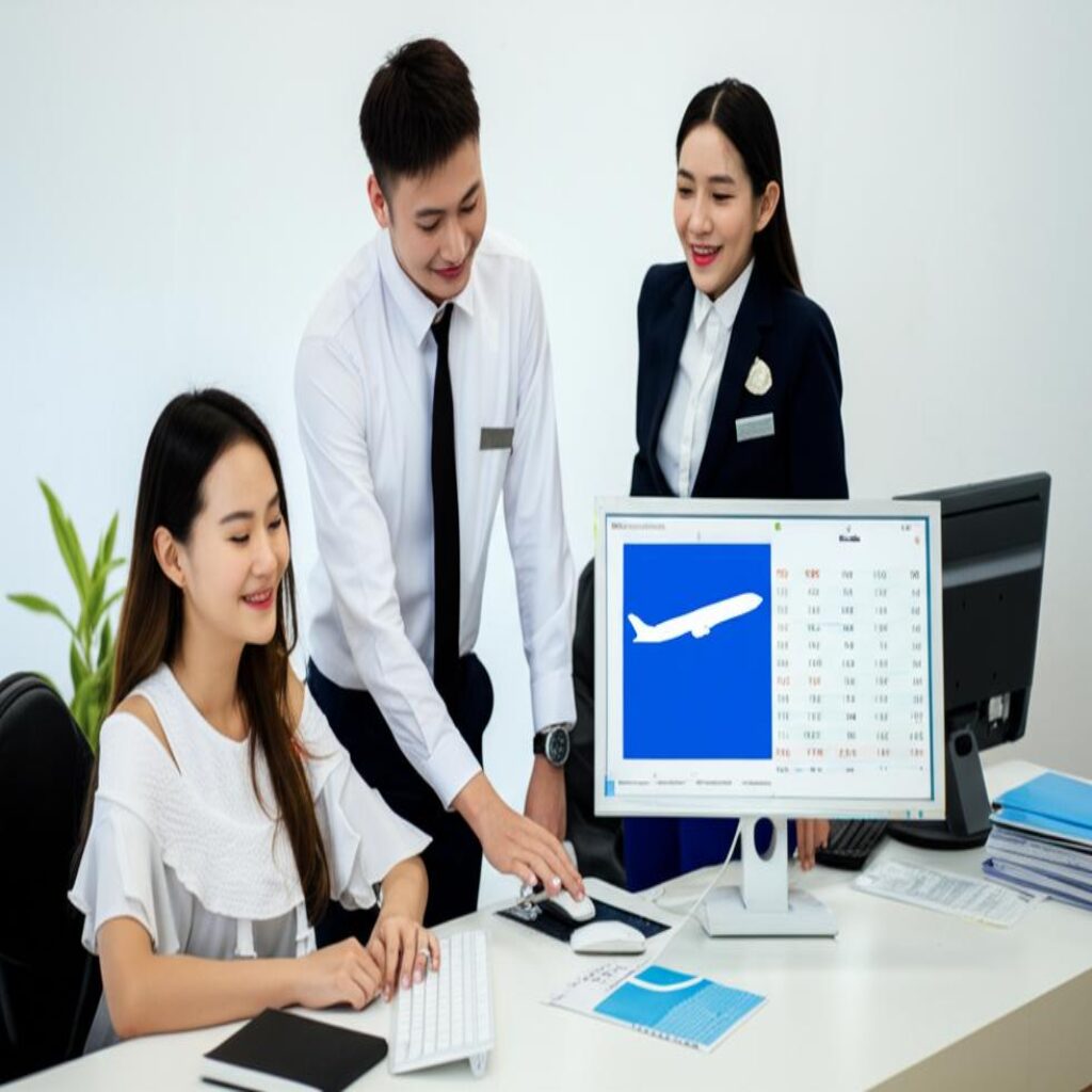 Booking flight tickets at a travel agency in Mỹ Đức.