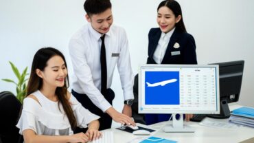 Booking flight tickets at a travel agency in Mỹ Đức.