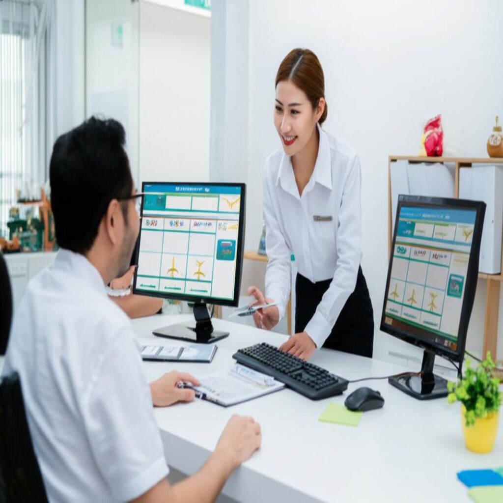 Travel agent assisting customer with flights in Thuong Tin