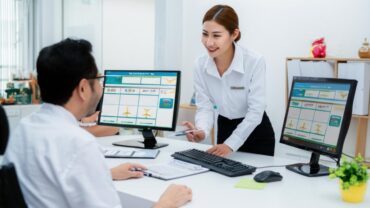 Travel agent assisting customer with flights in Thuong Tin